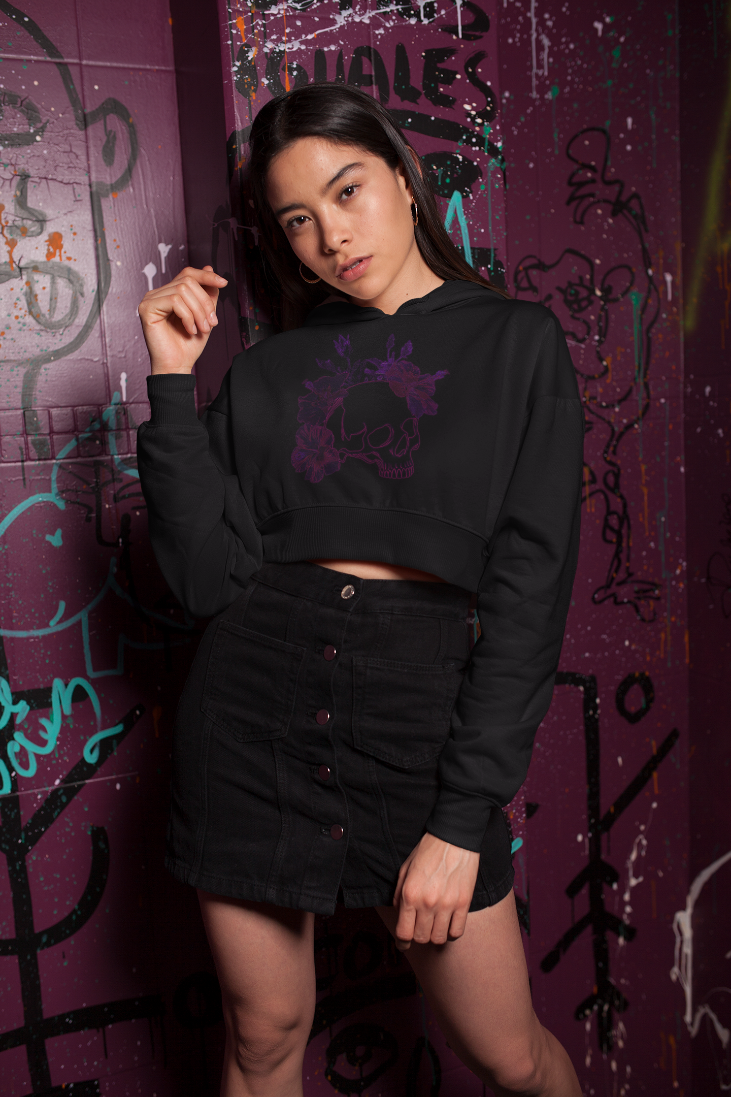 Skull Hibiscus Flower Cropped Hoodie
